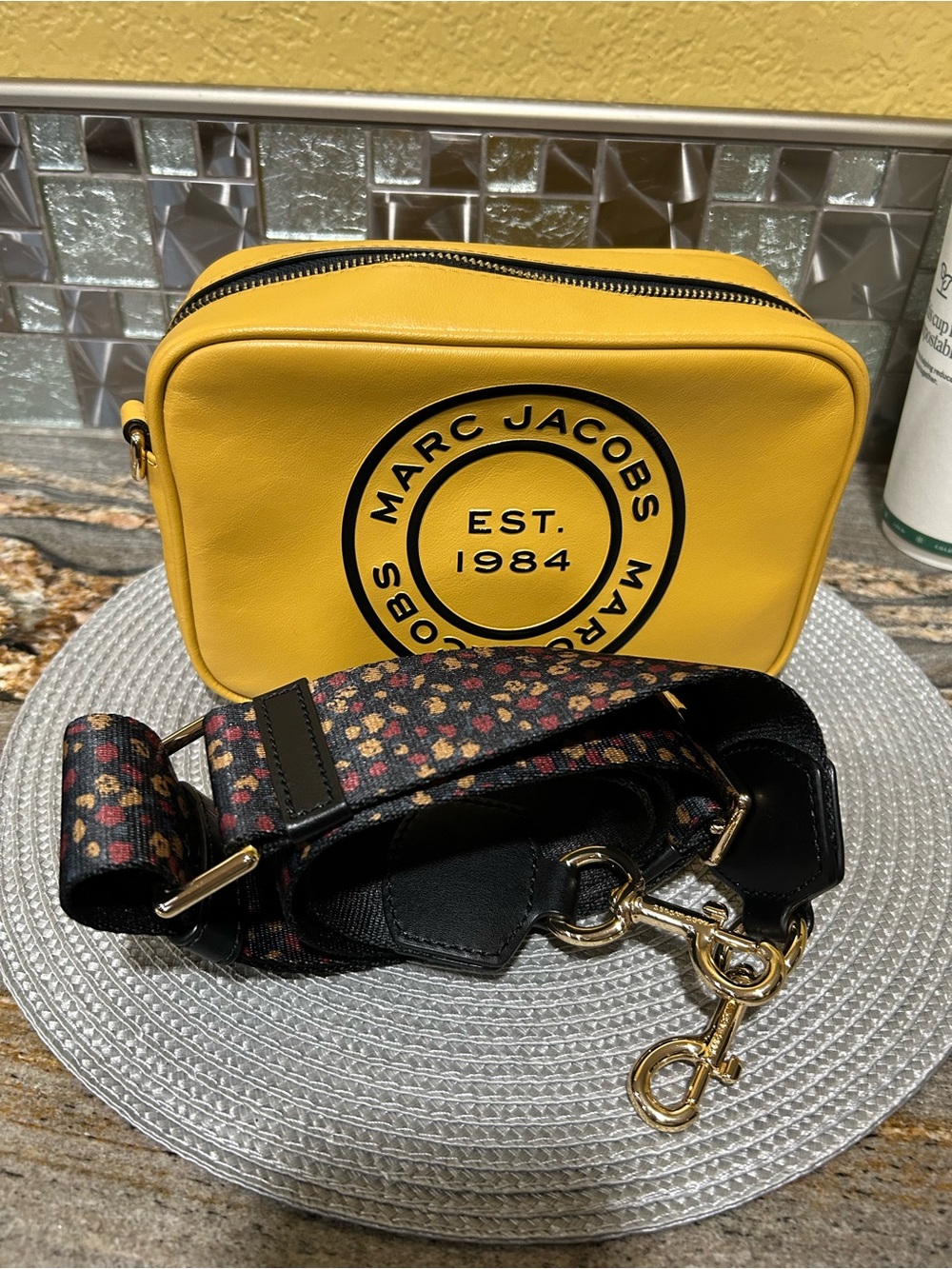 Marc Jacobs Bright Yellow Logo Crossbody Camera Bag with Patterned Strap